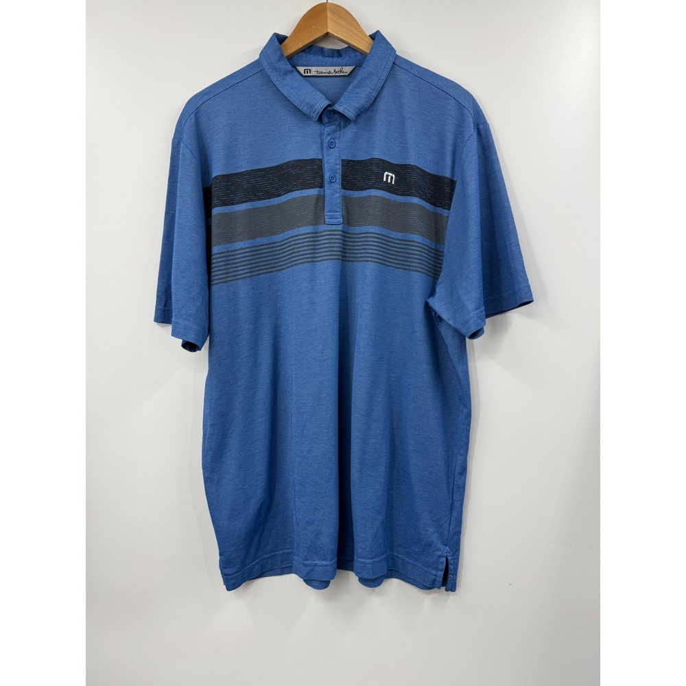 TravisMathew Mens XL Blue Striped Pima Cotton Blend Short Sleeve Golf Polo Shirt